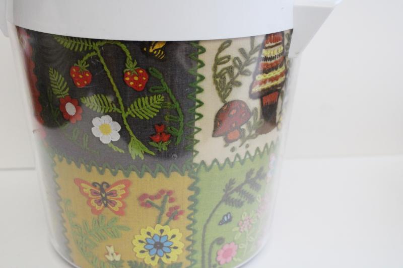 Thermo-Serv vintage plastic ice bucket canister, retro crewel embroidery print 