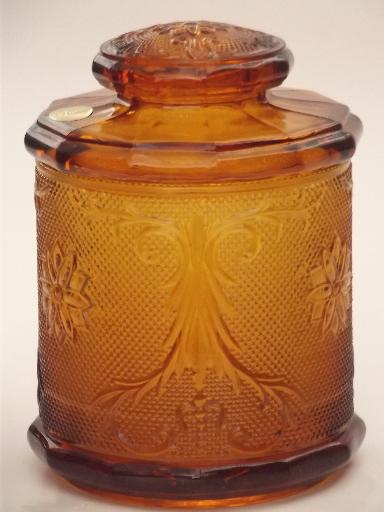 Tiara amber glass canister jars, vintage sandwich daisy pattern glass