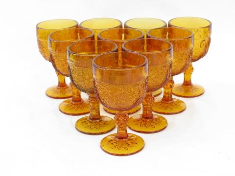 Tiara vintage daisy sandwich amber glass wine glasses, set of 10
