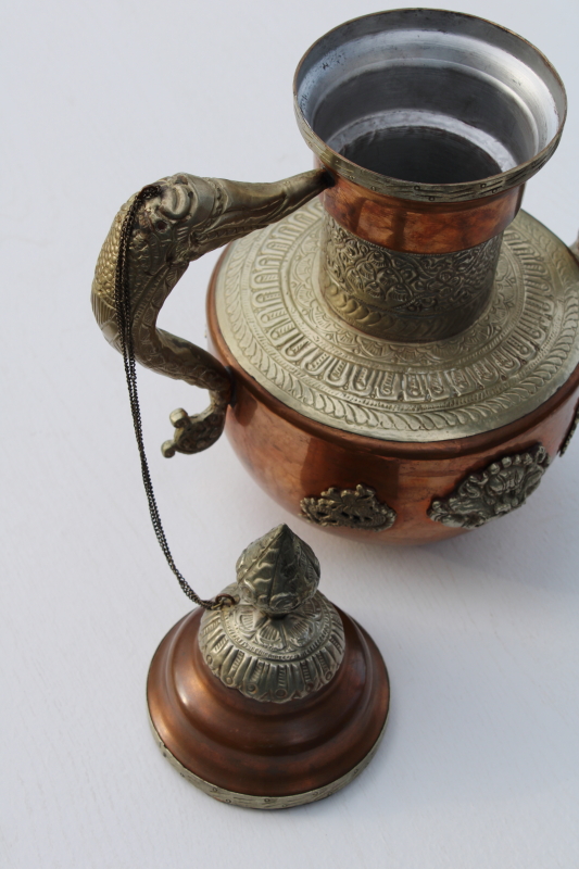Tibetan copper brass handcrafted coffee pot w/ dragons and elephants hammered wrought metal art