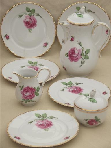 Tirschenreuth Bavaria pink roses china tea or coffee pot, cream & sugar, plates