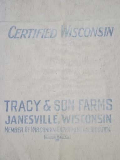 Tracy's seed corn Janesville Wisconsin primitive old cotton grain bags