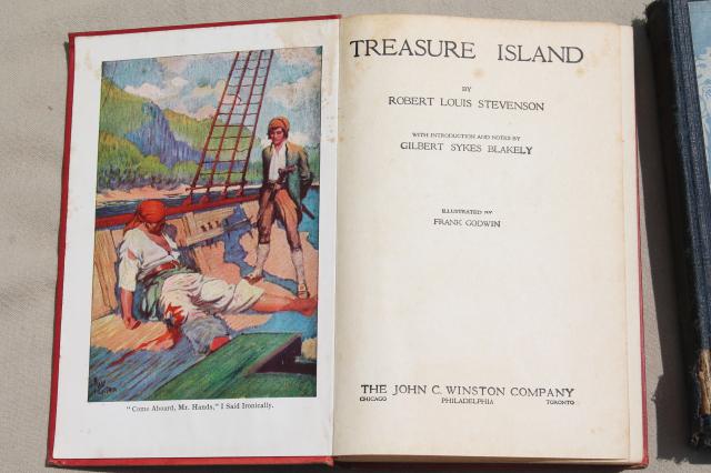 Treasure Island Robert Louis Stevenson old books, vintage editions w/ color illustrations