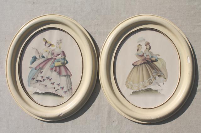 Turner style oval prints, 1940s vintage southern belle pictures in shabby chic wood frames