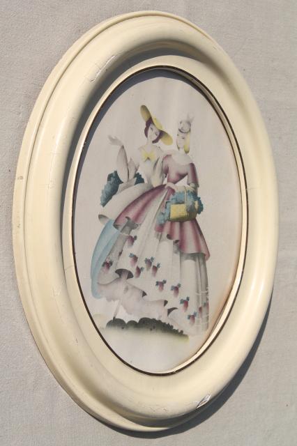 Turner style oval prints, 1940s vintage southern belle pictures in shabby chic wood frames
