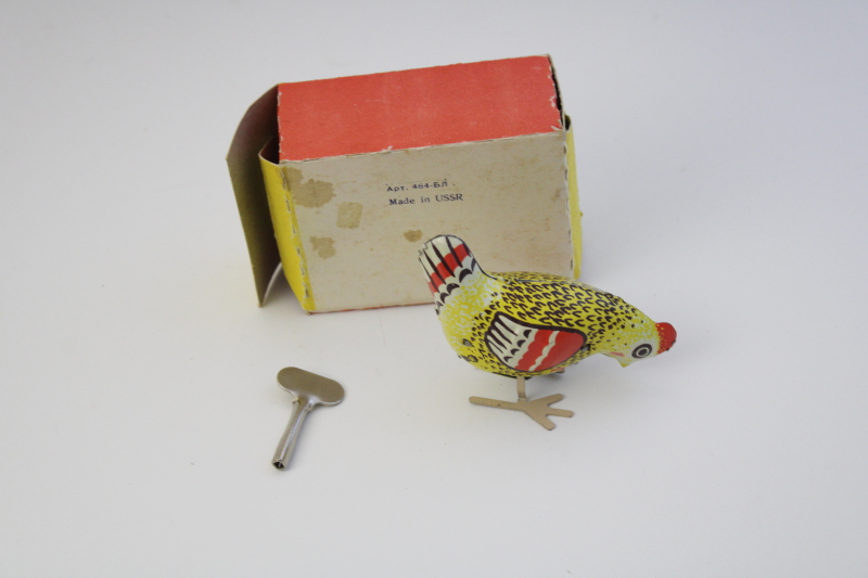 USSR vintage tin toy, working wind up pecking chicken little red hen in original box