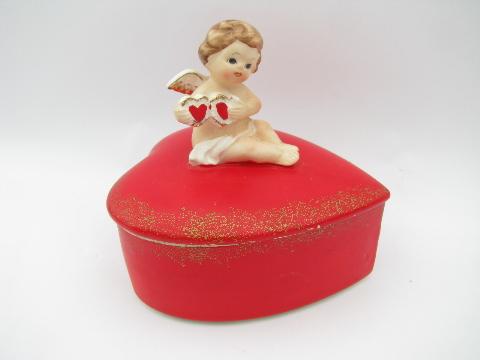 Valentine heart w/ cupid angel, vintage Lefton china trinket box for Valentine's Day