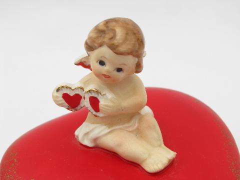 Valentine heart w/ cupid angel, vintage Lefton china trinket box for Valentine's Day