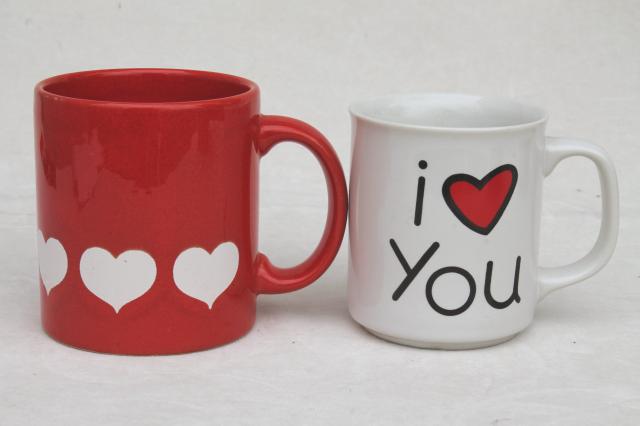 Valentine heart holiday mugs, collection of 18 coffee cups w/ hearts for Valentine's Day