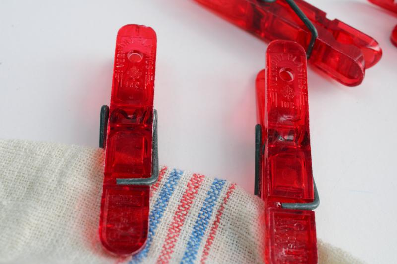 Vermont plastic vintage red lucite clothespins, retro laundry or holiday decor