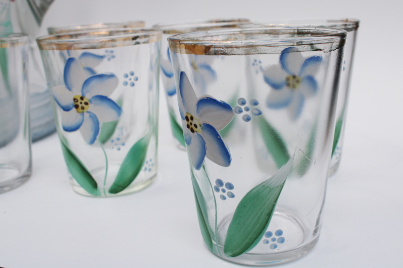 Victorian antique hand painted drinking glasses and water pitcher, six matching tumblers