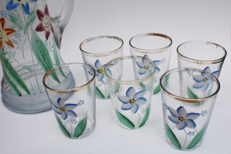 Victorian antique hand painted drinking glasses and water pitcher, six matching tumblers