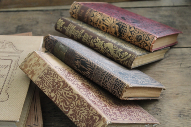 Victorian era antique books lot neutral brown faded colors w/ gold, embossed covers