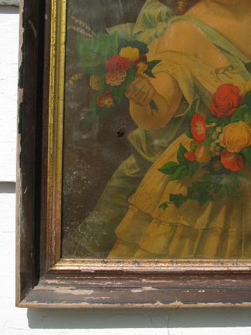 Victorian era antique color litho print in original frame, little girl w/ flowers