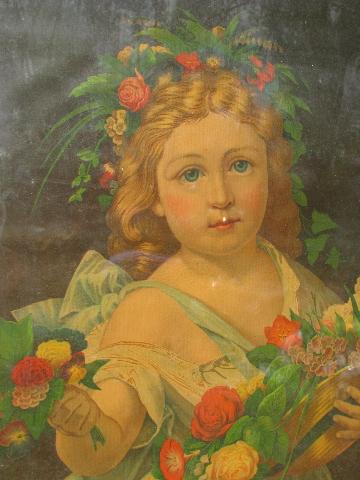 Victorian era antique color litho print in original frame, little girl w/ flowers