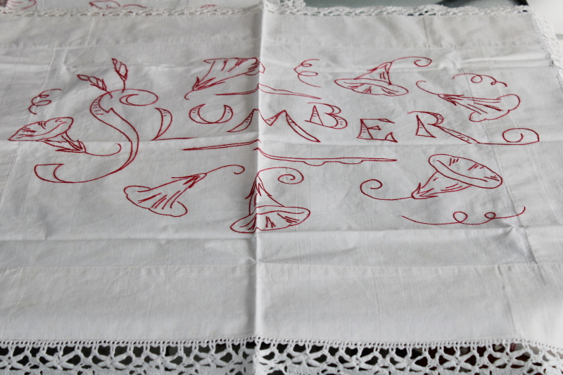 Victorian redwork embroidery, antique cotton pillow covers Dream, Good Morning, Good Night
