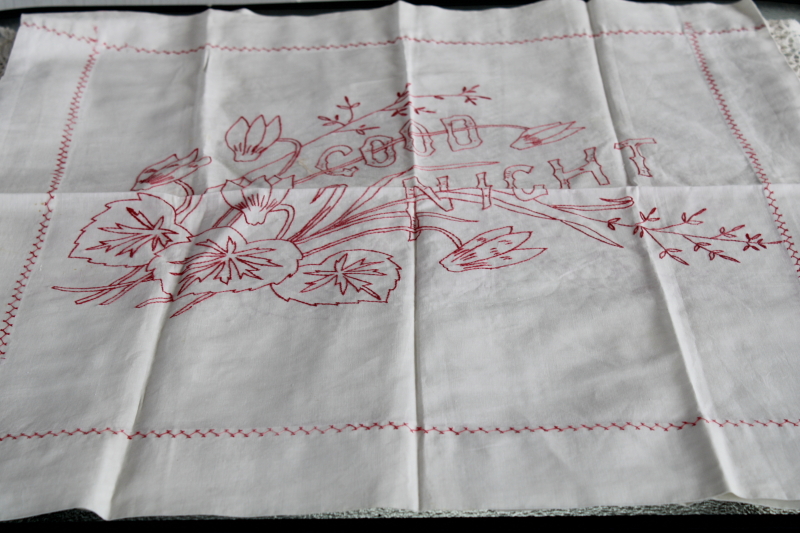 Victorian redwork embroidery, antique cotton pillow covers Dream, Good Morning, Good Night
