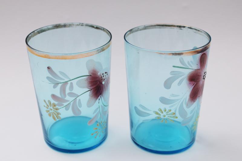 Victorian vintage antique hand painted glass tumblers, blue glass water glasses
