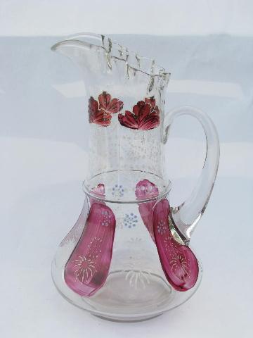 Victorian vintage antique hand-painted enamel glass pitcher, ruby stain