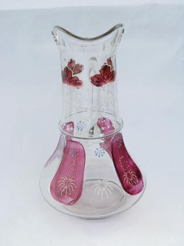 Victorian vintage antique hand-painted enamel glass pitcher, ruby stain