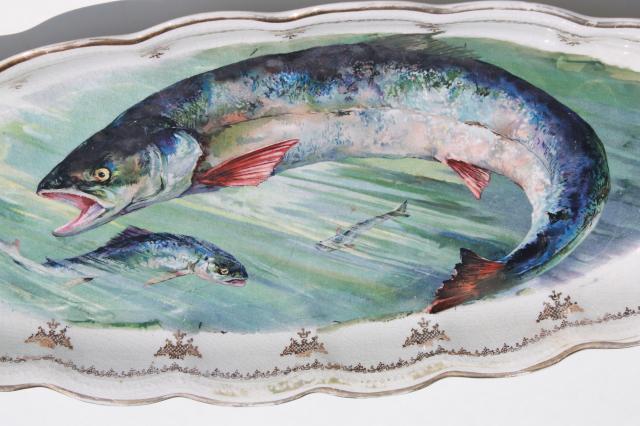 Victorian vintage long oval serving platter w/ painted fish, antique Sterling china tray
