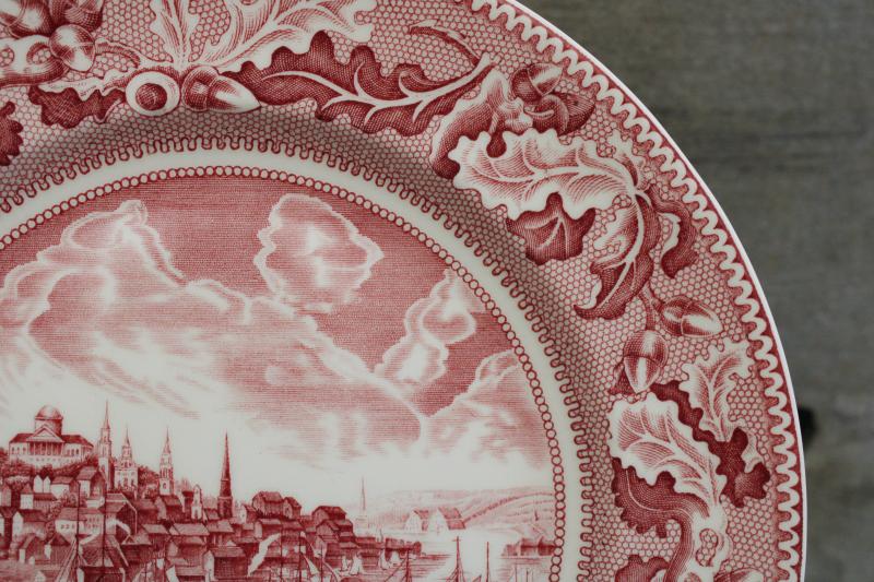 View of Boston Historic America vintage Johnson Bros pink red transferware china plate