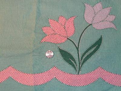 Vintage feed sack fabric, tulips border print on aqua