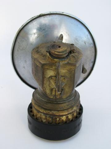 Vintage old brass Justrite miner's carbide lamp helmet light, spelunker/caver lantern