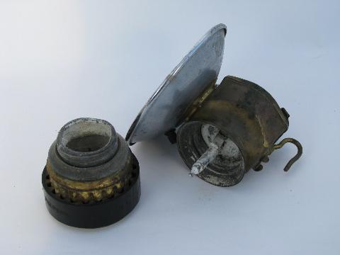 Vintage old brass Justrite miner's carbide lamp helmet light, spelunker/caver lantern