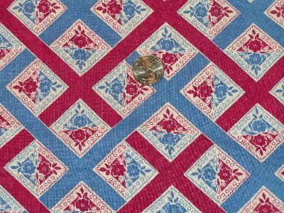 Vintage print feed sack fabric, wine/blue flowers