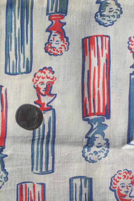 WWII vintage feedsack fabric, Victory women print female bust heads red white blue