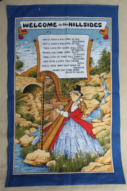 We'll Keep a Welcome in the Hillsides, Welsh song tea towel, vintage souvenir of Wales