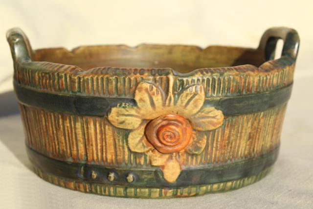 Weller pottery wooodrose, vintage planter flower pot made as wood barrel bucket