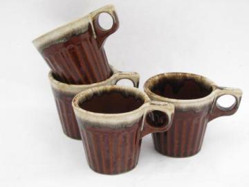 Western pottery vintage brown drip stoneware, lot of 4 coffee cups / mugs