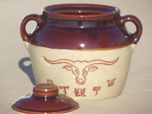 Western stoneware bean pot, Texas longhorn cattle brands crock for ranch beans