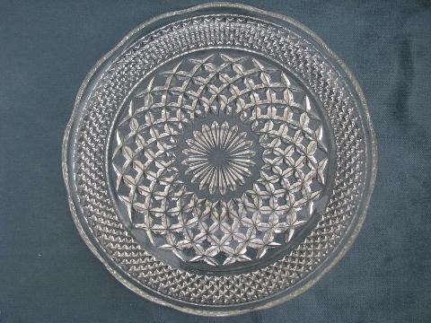 Wexford waffle pattern pressed glass dinner plates, vintage Anchor Hocking