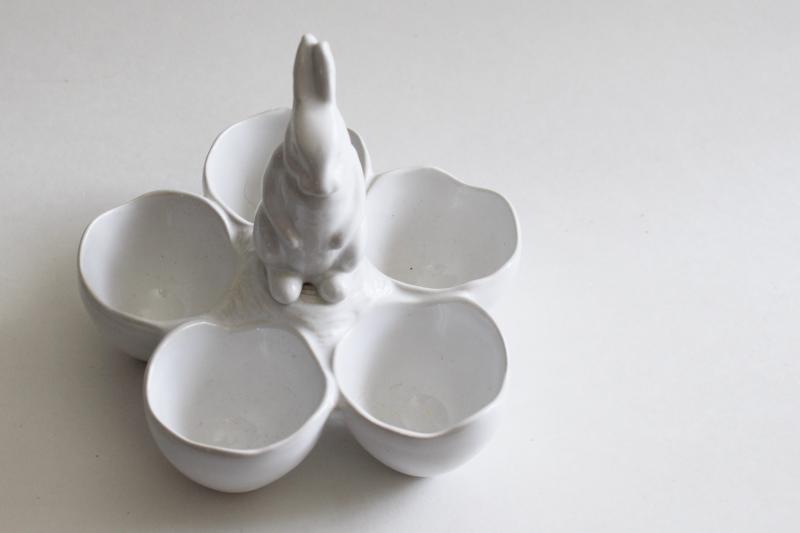 Williams Sonoma Portugal pottery pure white ceramic Easter egg caddy bowl w/ bunny