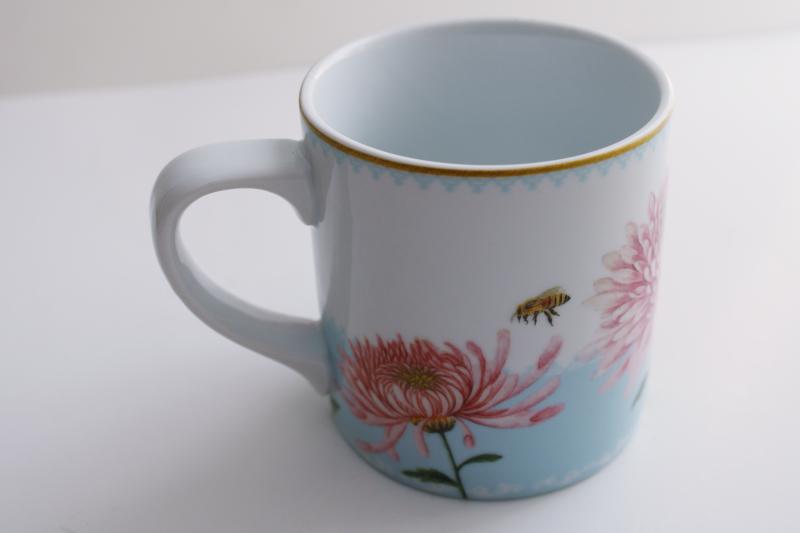 Williams Sonoma coffee mug, Spring Garden w/ gold finch bird, bee and pink flower