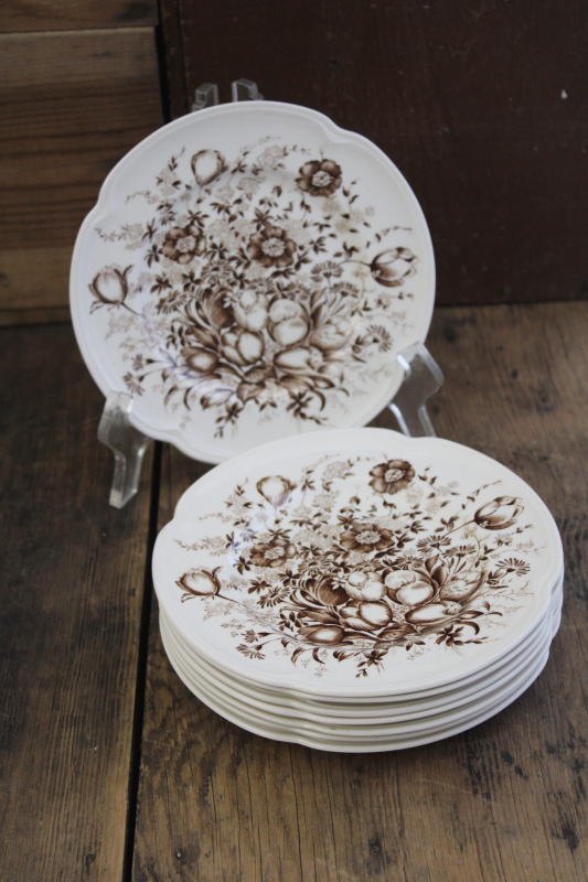 Windsor Ware Dover brown transferware floral china plates, mid century vintage Johnson Bros