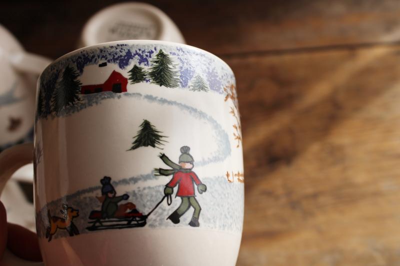 Winterside holiday dinnerware, 2000s vintage Tienshan china stoneware coffee mugs
