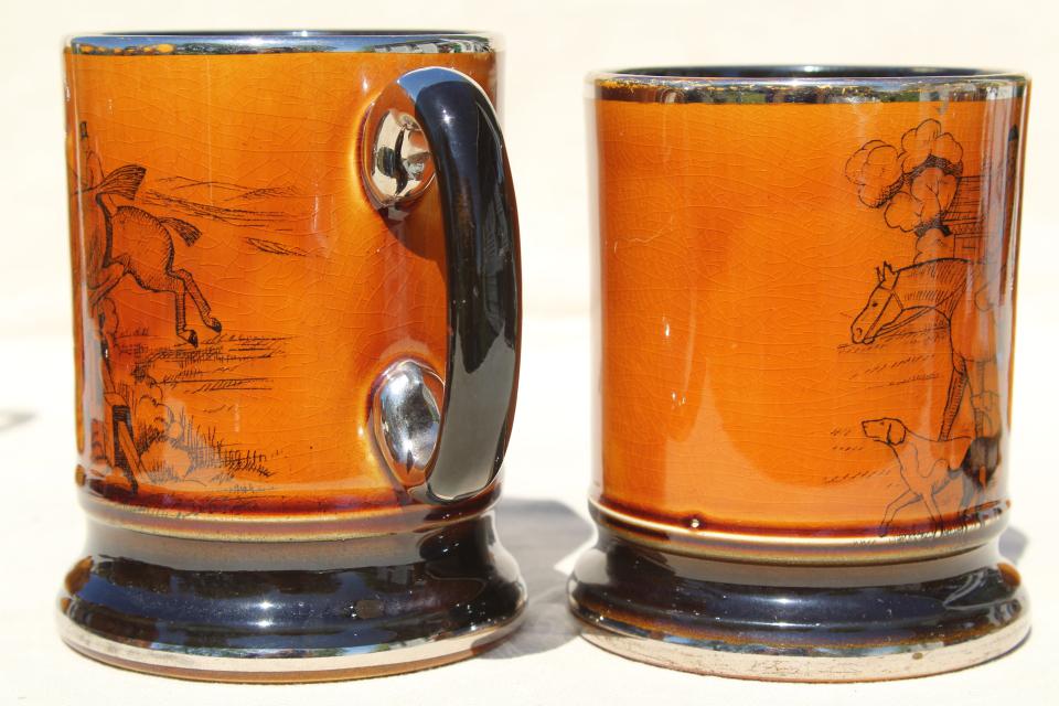 Ye Olde Coaching and Hunting Days English pottery tavern mugs, beer or ale cups