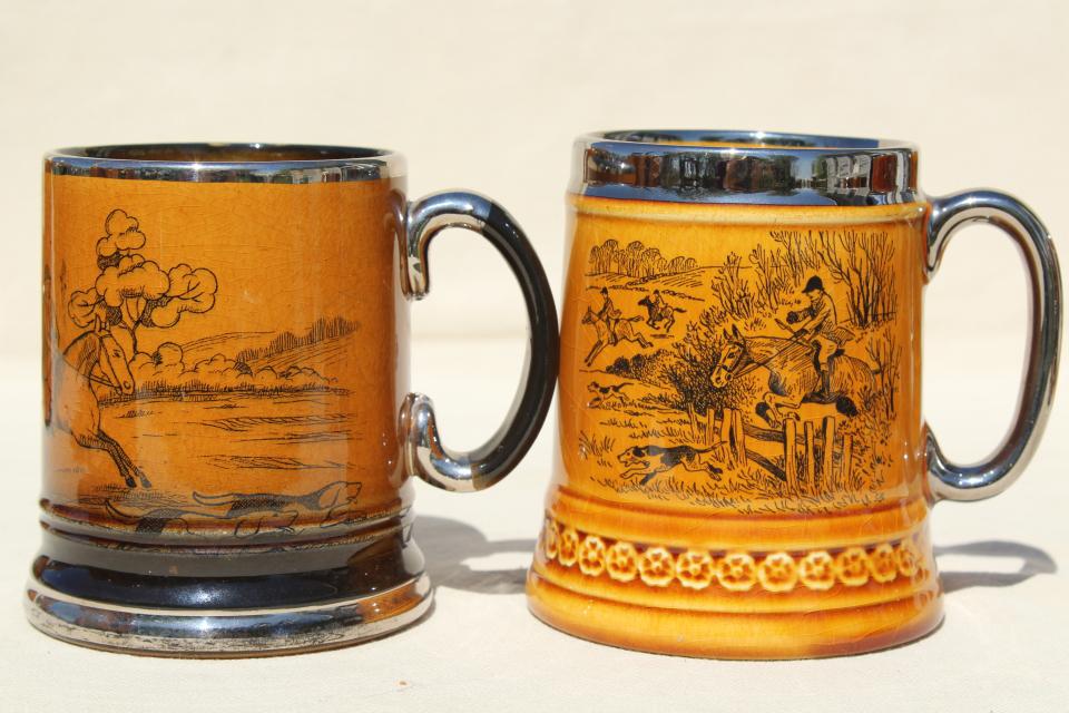Ye Olde Coaching and Hunting Days English pottery tavern mugs, beer or ale cups