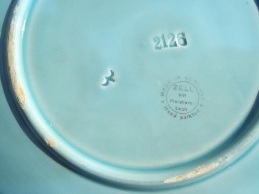 Zell Germany antique majolica china plates, shabby cherries on blue