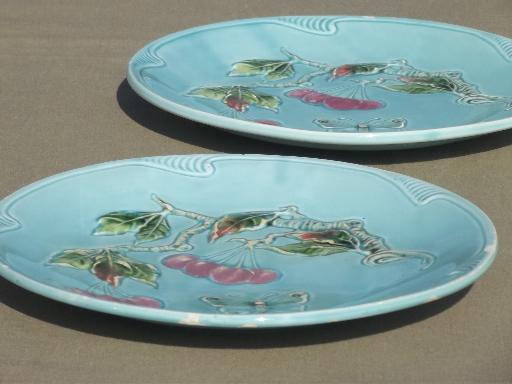 Zell Germany antique majolica china plates, shabby cherries on blue