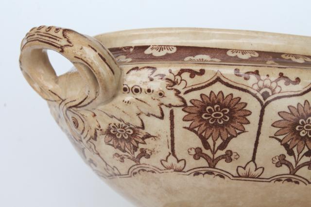 aesthetic antique brown transferware china, sunflowers pattern small tureen Wm Brownfield Staffordshire