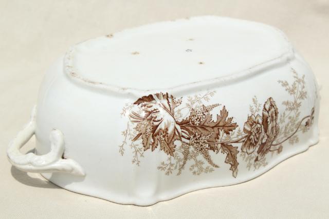 aesthetic vintage ironstone china covered dish, brown transferware poppies