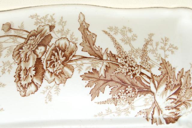 aesthetic vintage ironstone china covered dish, brown transferware poppies