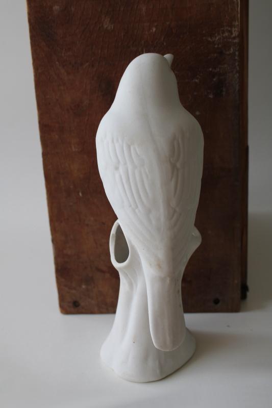 all white bisque china bird flower holder figurine vase, vintage farmhouse decor
