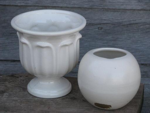 all white lot retro vintage pottery planters and vases, matte and gloss glaze
