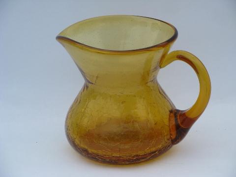 amber crackle glass, retro vintage hand-blown art glass pitchers lot